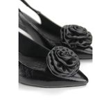 Rose Fairy Esnek Yumuşak Kaymaz Taban (4 cm) Siyah Rugan El Yapımı Gül Detaylı Açık Lastikli Kadın Topuklu Ayakkabı