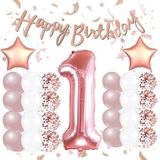Rose Gold Konsept 1 Yaş Doğum Günü Kutlama Seti; Beyaz Gold Konfetili Balon, Rakam Yıldız Folyo ve Banner