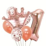 Rose Gold Taçlı 1 Rakam Balon Set