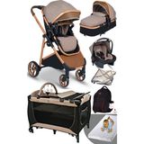 Rose Mose Yeni Doğan Set 8 In 1 Rose Mose 605 Travel Sistem Bebek Arabası + Baby Home 560 Bebek Oyun Parkı Yatak Beşik - Kahverengi - Gold