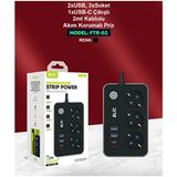 Rose Teknoloji Ftr-02 Termal Akım Korumalı 3 Priz 2 USB 1 Type-C Girişli 2m Kablolu Üçlü Priz - Siyah