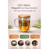 Rosemor 1 adet Süzgeçli Cam Kupa Bardak 400ml Çift katmanlı Isı Yalıtımlı Bambu Kapaklı Bitki Çayı Fincanı s
