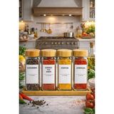 Rosemor 4’lü Baharatlık Set Stantlı Bambu Kapaklı Etiketli Cam Kare Formlu Baharatlık Takımı Serpme Başlıklı - Şeffaf - 100 ml