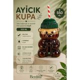 Rosemor Ayıcık Tasarım Cam Pipetli Soğuk Içecek Kahve Bardağı Yeşil Şapkalı Bear Bardak 550ML Barista - 1 - Şeffaf