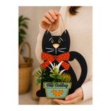 rosfloa rf Kedi Figürlü Kapı Süsü Yapay Çiçekli Ahşap Kapı Dekoru Ev Giriş Süsü (23 cm)