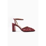 Roshin Shoes Stiletto Yeni Sezon Fileli Boncuk örme Bordo Cilt topuk yüksekliği 9 CM kalın topuk