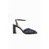 Roshin Shoes Stiletto Yeni Sezon Fileli Boncuk örme Lacivert Cilt topuk yüksekliği 9 CM kalın topuk