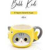Rosie Kedi Balık Figürlü El Yapımı Seramik Kupa, Kahve Fincanı, Mug 450 ml - YOK - Sarı - Gri