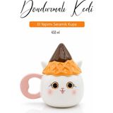 Rosie Şapkalı Kedi Figürlü Dolomite Kupa, El Yapımı 450 ml Kapaklı Mug - YOK - Beyaz