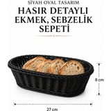 Rosie Siyah Oval Tasarım Hasır Detaylı Ekmek, Sebzelik Sepeti 27X 8 cm - 26*12