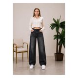 Rosita Jeans Kadın Yüksek Bel Full Likralı Geniş Paça Siyah Kimyasal Jean