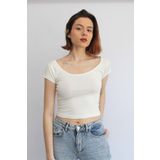 Rosse Butik Kadın Ekru Geniş Yaka Crop Top T-shirt