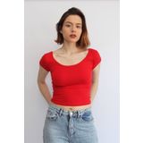 Rosse Butik Kadın Kırmızı Geniş Yaka Crop Top T-shirt