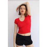 Rosse Butik Kadın Kırmızı V Yakalı Crop Top T-shirt