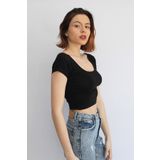 Rosse Butik Kadın Siyah U Yaka Crop Top T-shirt
