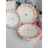 Rossev Pink Bird Servis Sunum Pasta Seti 7'li - Pasta Tabağı - Kırmızı - Beyaz
