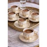 Rossev Porselen Türk Kahve Fincanı 6 Kişilik 12 Parça Helena Krem - Krem - Altın - 90 ml