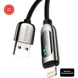Rosstech 12W Lightning To USB Dijital Ekranlı Hızlı Şarj Kablosu 1.2m (Rosstech Türkiye Garantili) - Siyah