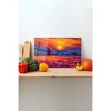 Rosyvien Gün Batımı Resmi Cam Kesme Tahtası, Silikon Ayaklı, Sunum Kesim Doğrama Tablası, Temperli ve Rodajlı - 45 x 30 cm