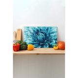 Rosyvien Mavi Çiçek Cam Kesme Tahtası, Silikon Ayaklı, Sunum Kesim Doğrama Tablası, Temperli ve Rodajlı - 45 x 30 cm