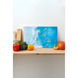 Rosyvien Mavilikte Kayıklar Cam Kesme Tahtası, Silikon Ayaklı, Sunum Kesim Doğrama Tablası, Temperli Rodajlı - 35 x 23 cm