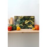 Rosyvien Yeşil Yapraklar Cam Kesme Tahtası, Silikon Ayaklı, Sunum Kesim Doğrama Tablası, Temperli ve Rodajlı - 23 x 35 cm