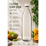 Rotanev 1 Adet Beyaz Plastik Kapaklı Cam Şişe 1 Litre Şeffaf Sürahi Süt, Ayran, Su, Limonata Meşrubat Şişesi