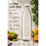 Rotanev 1 Adet Plastik Kapaklı Cam Şişe 1 Litre Şeffaf Sürahi Süt, Ayran, Su, Limonata Meşrubat Şişesi - Beyaz - 1LT