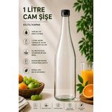 Rotanev 1 Adet Şerbetlik Plastik Kapaklı Cam Şişe 1 Litre Şeffaf Sürahi Süt, Ayran, Su, Limonata Meşrubat Şişesi - Siyah - 1 lt