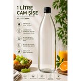 Rotanev 1 Adet Siyah Plastik Kapaklı Cam Şişe 1 Litre Şeffaf Sürahi Süt, Ayran, Su, Limonata Meşrubat Şişesi