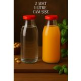 Rotanev 2 Adet 1 Litre Şeffaf Sürahi Süt, Ayran, Su, Limonata, Meşrubat Şişesi Plastik Kapaklı Cam Şişe