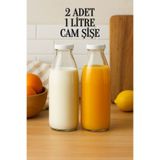 Rotanev 2 Adet Beyaz Plastik Kapaklı 1 Litre Şeffaf Sürahi Süt, Ayran, Su, Limonata Meşrubat Şişesi Cam Şişe