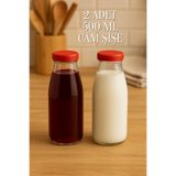Rotanev 2 Adet Plastik Kırmızı Kapaklı 500 ml Sürahi Süt, Ayran, Su, Limonata Meşrubat Şişesi Cam Şişe 500cc