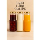 Rotanev 3 Adet 1 Litre Şeffaf Sürahi Süt, Ayran, Su, Limonata, Meşrubat Şişesi Metal Gold Kapaklı Cam Şişe