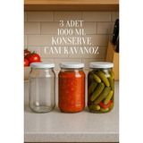 Rotanev 3 Adet 1000 ml Metal Beyaz Konserve Kapaklı Şeffaf Paşabahçe Menemen Turşuluk Cam Kavanoz