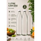 Rotanev 3 Adet Beyaz Plastik Kapaklı Cam Şişe 1 Litre Şeffaf Sürahi Süt, Ayran, Su, Limonata Meşrubat Şişesi