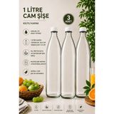 Rotanev 3 Adet Plastik Kapaklı Cam Şişe 1 Litre Şeffaf Sürahi Süt, Ayran, Su, Limonata Meşrubat Şişesi - Beyaz - 1 lt