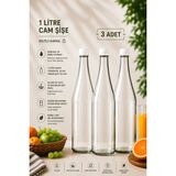 Rotanev 3 Adet Şerbetlik Plastik Kapaklı Cam Şişe 1 Litre Şeffaf Sürahi Süt, Ayran, Su, Limonata Meşrubat Şişesi - Beyaz - 1 lt