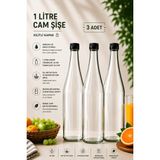 Rotanev 3 Adet Şerbetlik Plastik Kapaklı Cam Şişe 1 Litre Şeffaf Sürahi Süt, Ayran, Su, Limonata Meşrubat Şişesi - Siyah - 1 lt