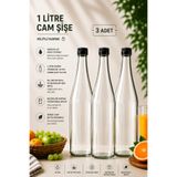 Rotanev 3 Adet Şerbetlik Siyah Plastik Kapaklı Cam Şişe 1 Litre Şeffaf Sürahi Süt, Ayran, Su, Limonata Meşrubat Şişesi