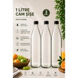 Rotanev 3 Adet Siyah Plastik Kapaklı Cam Şişe 1 Litre Şeffaf Sürahi Süt, Ayran, Su, Limonata Meşrubat Şişesi