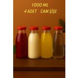 Rotanev 4 Adet 1 Litre Şeffaf Sürahi Süt, Ayran, Su, Limonata, Meşrubat Şişesi Plastik Kapaklı Cam Şişe