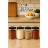 Rotanev 4 Adet 105 ml Baharatlık Mama Şekerleme Çok Amaçlı Metal Kapaklı 105 cc Şeffaf Kısa Cam Kavanoz - Siyah