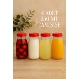 Rotanev 4 Adet 250 ML Şeffaf Sürahi Süt, Ayran, Su, Limonata, Meşrubat Şişesi Plastik Kapaklı Cam Şişe