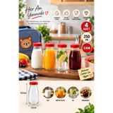 Rotanev 4 Adet 250 ML Şeffaf Sürahi Süt, Ayran, Su, Limonata, Meşrubat Şişesi Plastik Kapaklı Cam Şişe
