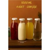 Rotanev 4 Adet Beyaz Plastik Kapaklı Cam Şişe 1 Litre Şeffaf Sürahi Süt, Ayran, Su, Limonata Meşrubat Şişesi