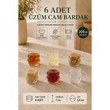 Rotanev 6 Adet Üzüm Desenli Borosilikat Cam Bardak Seti 200 ml – Kulplu Çay, Kahve, Soğuk Kahve ve Meşrubat Bardağı - Şeffaf