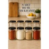 Rotanev 8 Adet 105 ml Baharatlık Mama Şekerleme Çok Amaçlı Metal Kapaklı 105 cc Kısa Cam Kavanoz - Siyah