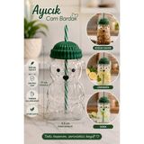 Rotanev Barista Ayıcık Figürlü Cam Soğuk Içecek Limonata Meşrubat Bardağı Silikon Pipet ve Kapaklı 550 ml - Şeffaf