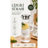 Rotanev Modern Çizgili Cam Sürahi Paslanmaz Çelik Kapaklı Filtreli Sürahi Su, Limonata, Buzlu Çay ve Meyve Suyu 1400 ML